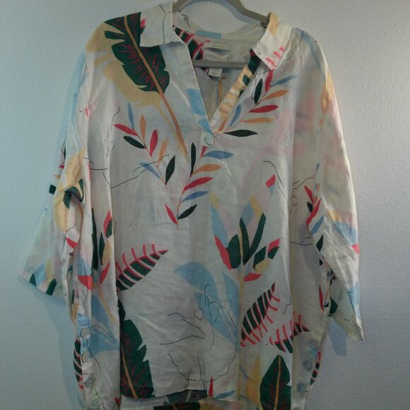 Cynthia Rowley Tunic Shirt Popover Womens PLus 2X White Linen Button Tropical - Picture 1 of 6